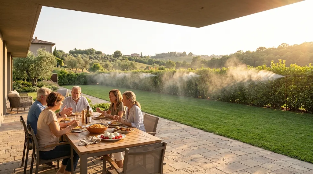 Cena in giardino con impianto antizanzare in funzione