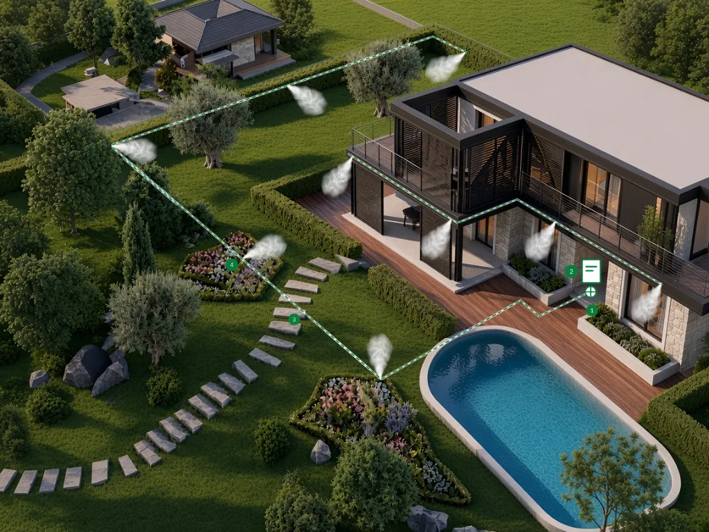Vista dall'alto di un giardino con l'impianto antizanzare in funzione: la casa a destra con la piscina, il prato con aiuole e olivi, e un getto di nebbia che esce da ogni ugello. Sopra la foto e' disegnata la linea interrata che gira sul prato e collega gli ugelli, con la centralina appesa al muro della casa e l'allaccio idrico ai suoi piedi.
