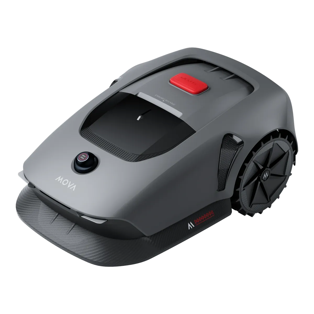 Robot rasaerba MOVA 600 Plus grigio con pulsante di stop rosso, visto di tre quarti dall'alto