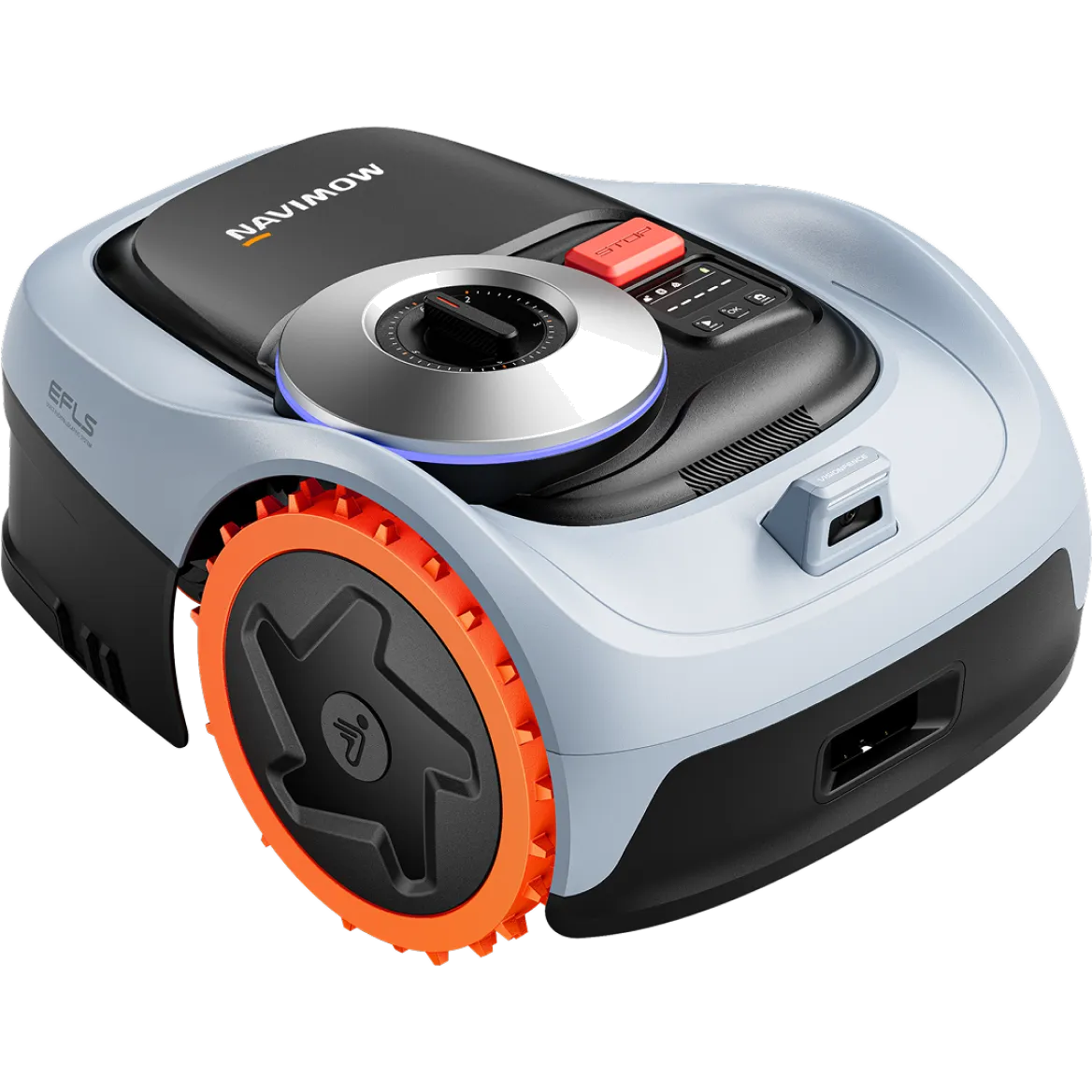Robot rasaerba Navimow i210 AWD bianco a quattro ruote motrici, visto di tre quarti