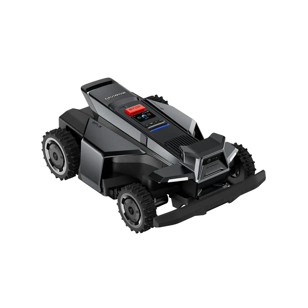 Robot rasaerba Navimow X430 grigio antracite a quattro ruote motrici, visto di tre quarti dall'alto