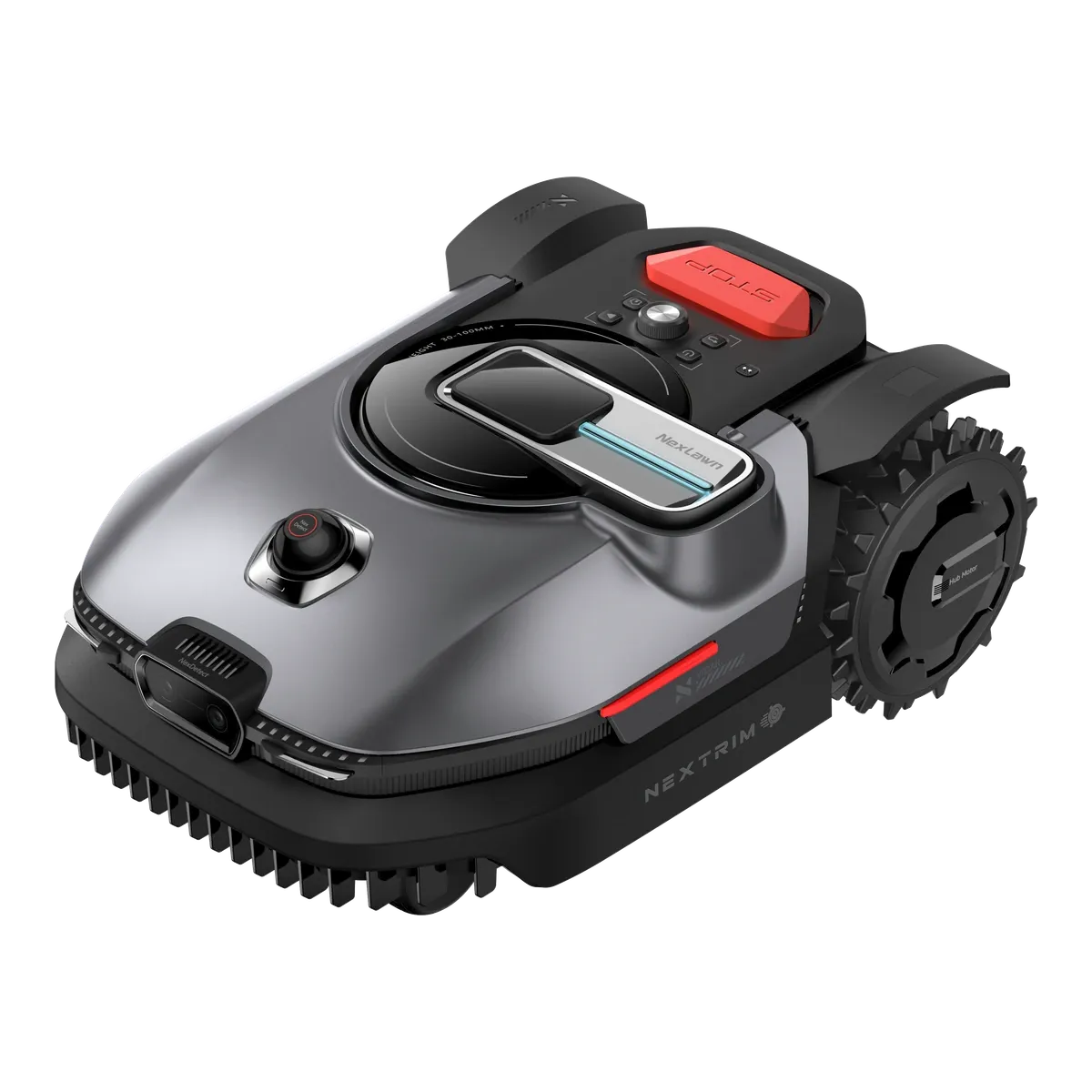 Robot rasaerba NexLawn Vidar 800 grigio e nero con sensore LiDAR sul tetto, visto di tre quarti dall'alto