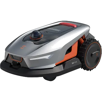 Robot rasaerba Sunseeker Elite X4 grigio con sensore LiDAR sul tetto, visto di lato