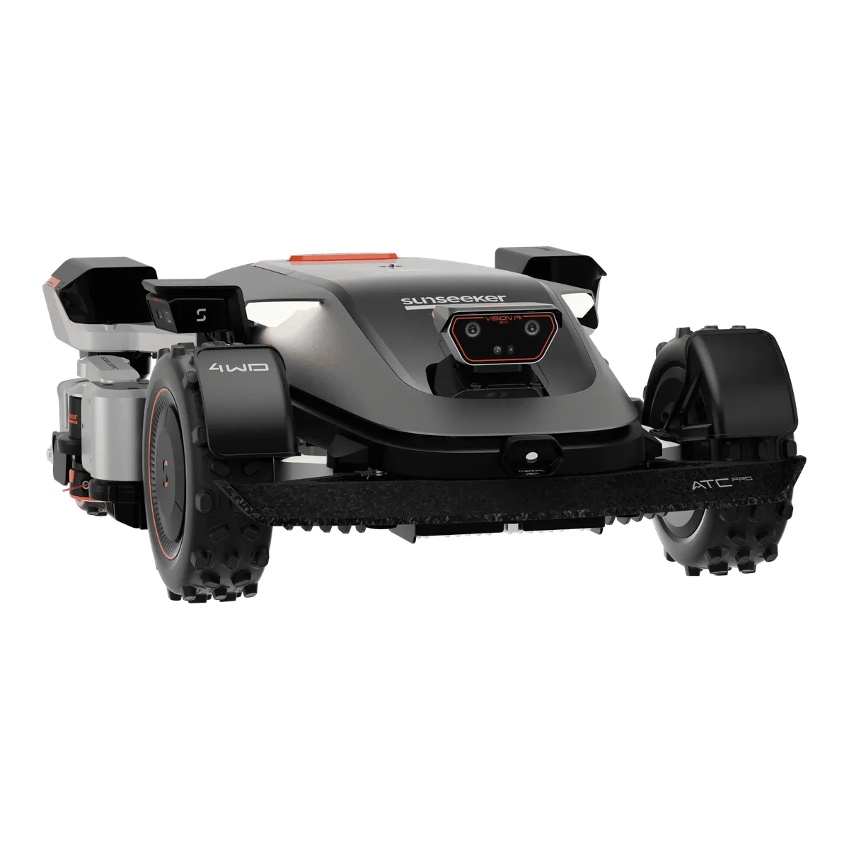Robot rasaerba Sunseeker Elite X9 Plus grigio e nero a quattro ruote motrici con il tagliabordi sul muso, visto di tre quarti