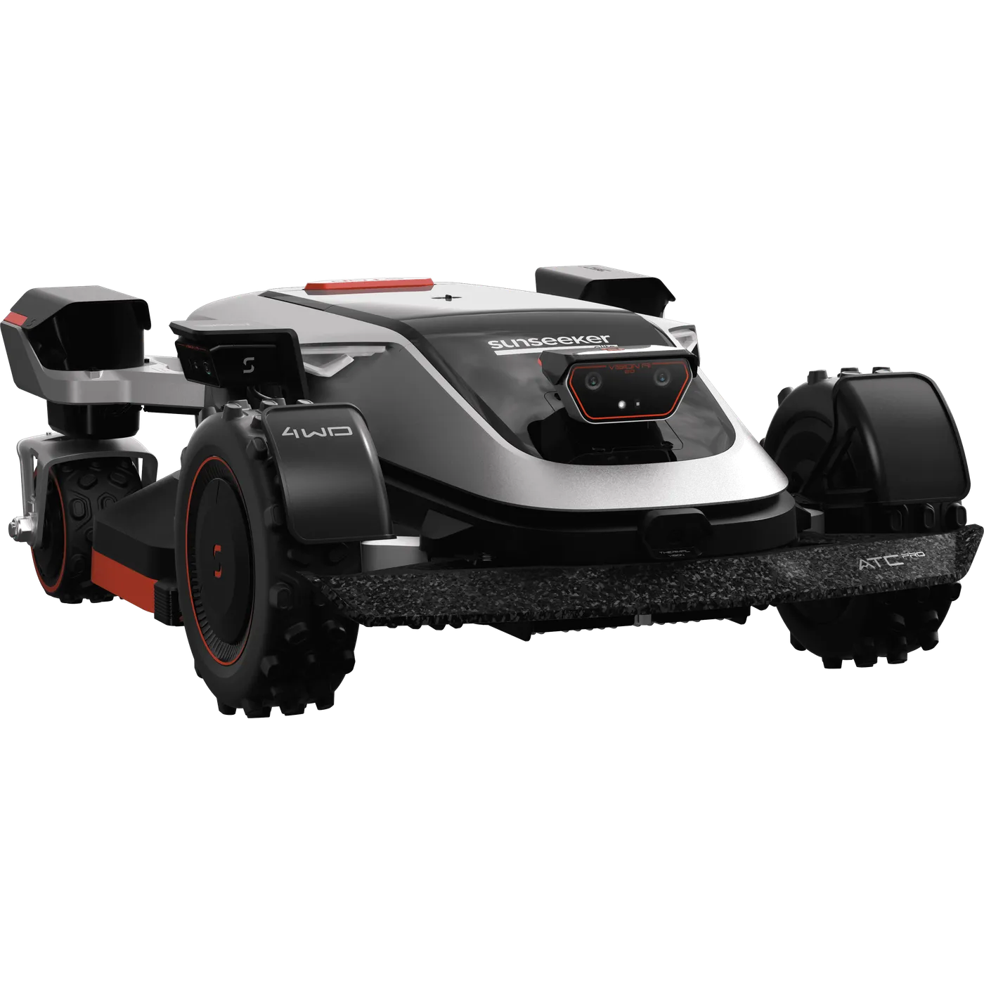 Robot rasaerba Sunseeker Elite X9 grigio e nero a quattro ruote motrici, visto di tre quarti